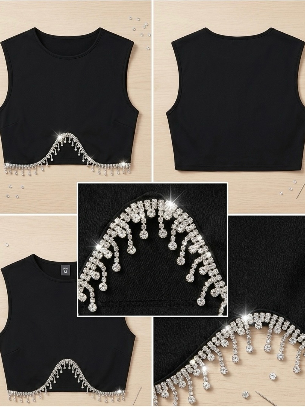 Black Sleeveless Crop Top with Rhinestone Fringe- size Small - Picture 3 of 3